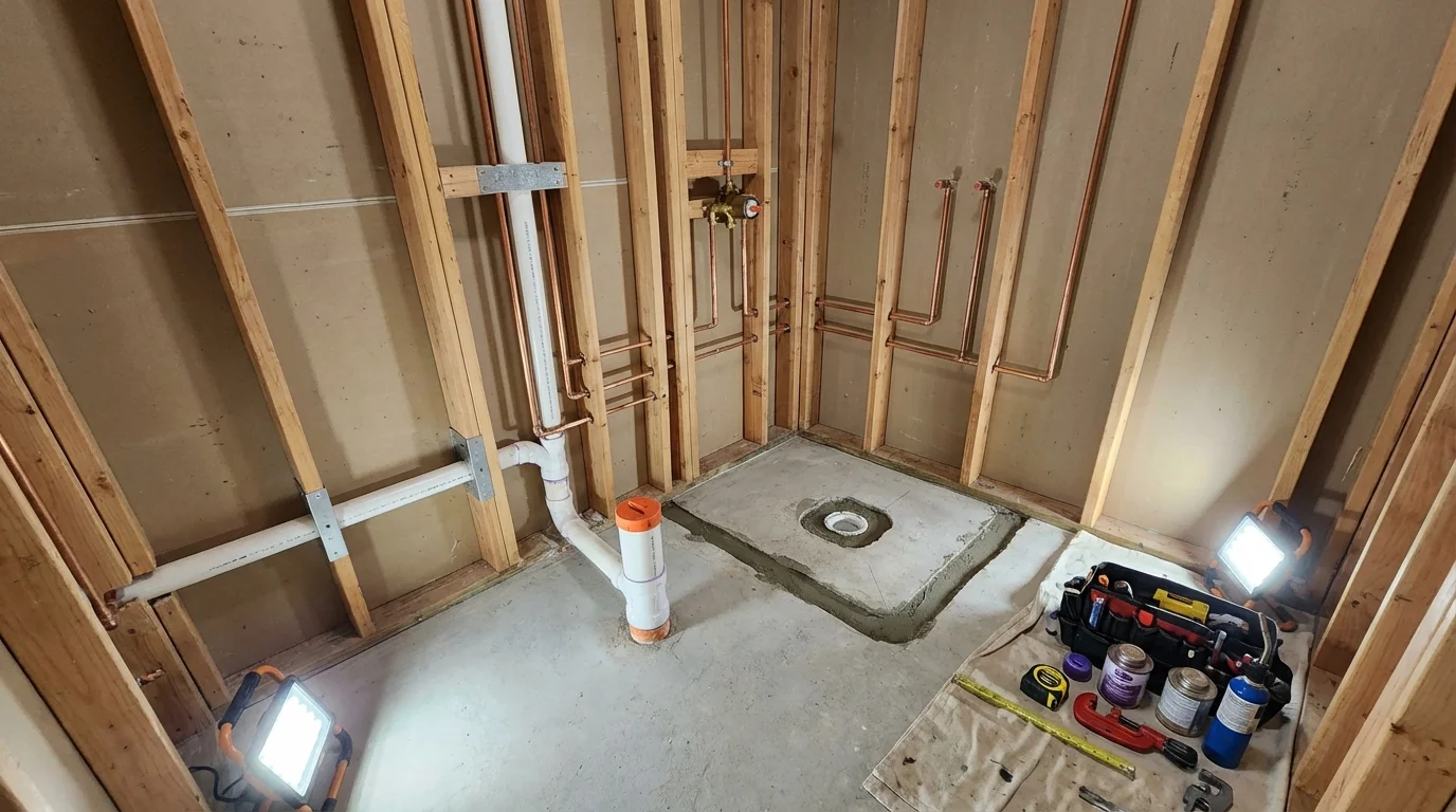 Bathroom rough-in plumbing during remodel by Johns Plumbing LLC in Forsyth