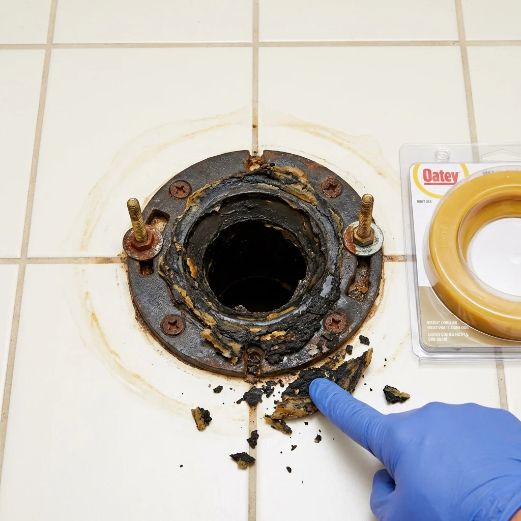 Failed wax ring showing water seepage at the base of a toilet in a Forsyth, GA home